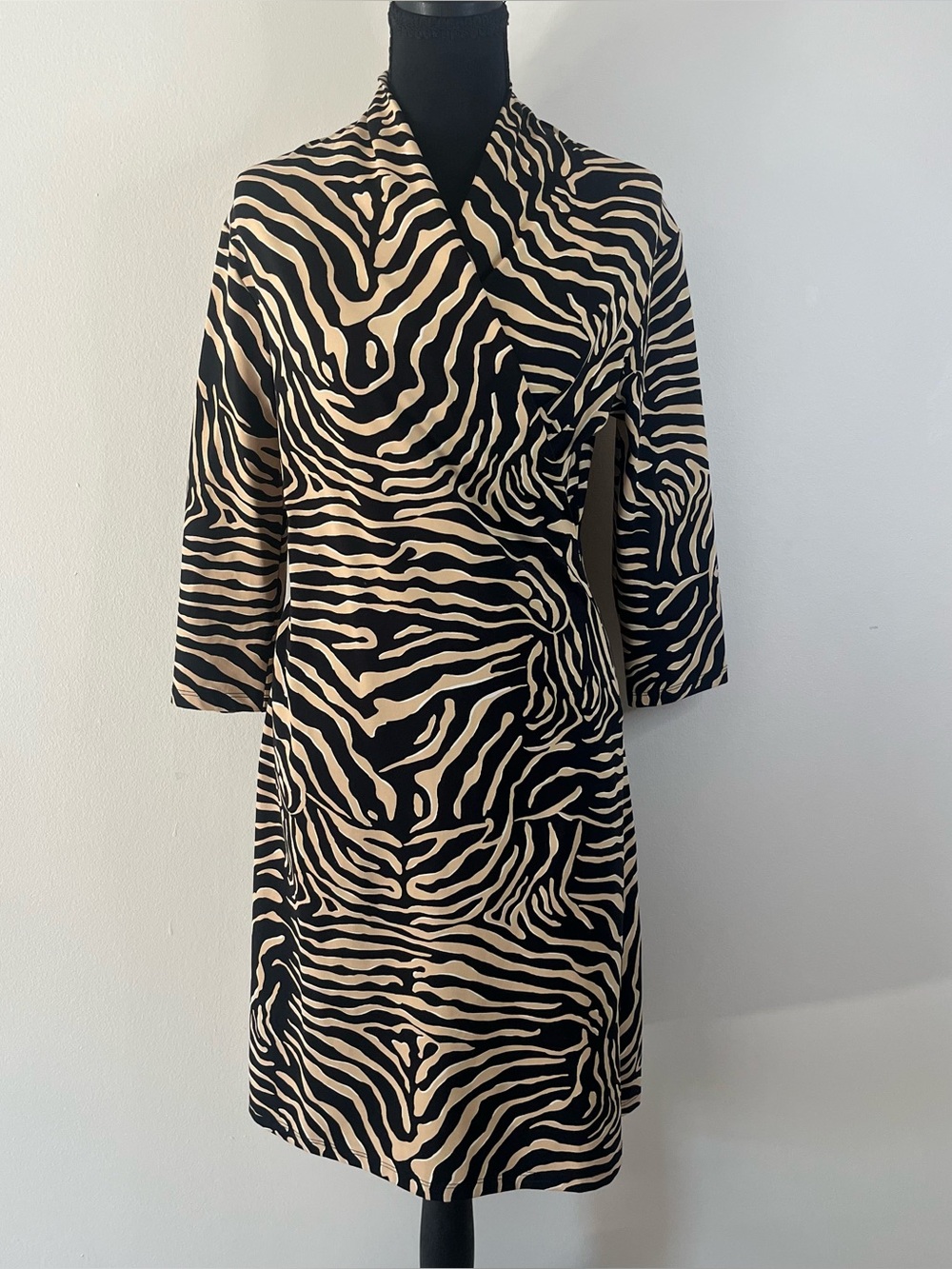 J.McLaughlin Chic Black Tan Zebra Print Faux Wrap Catalina Cloth Stretch Dress S